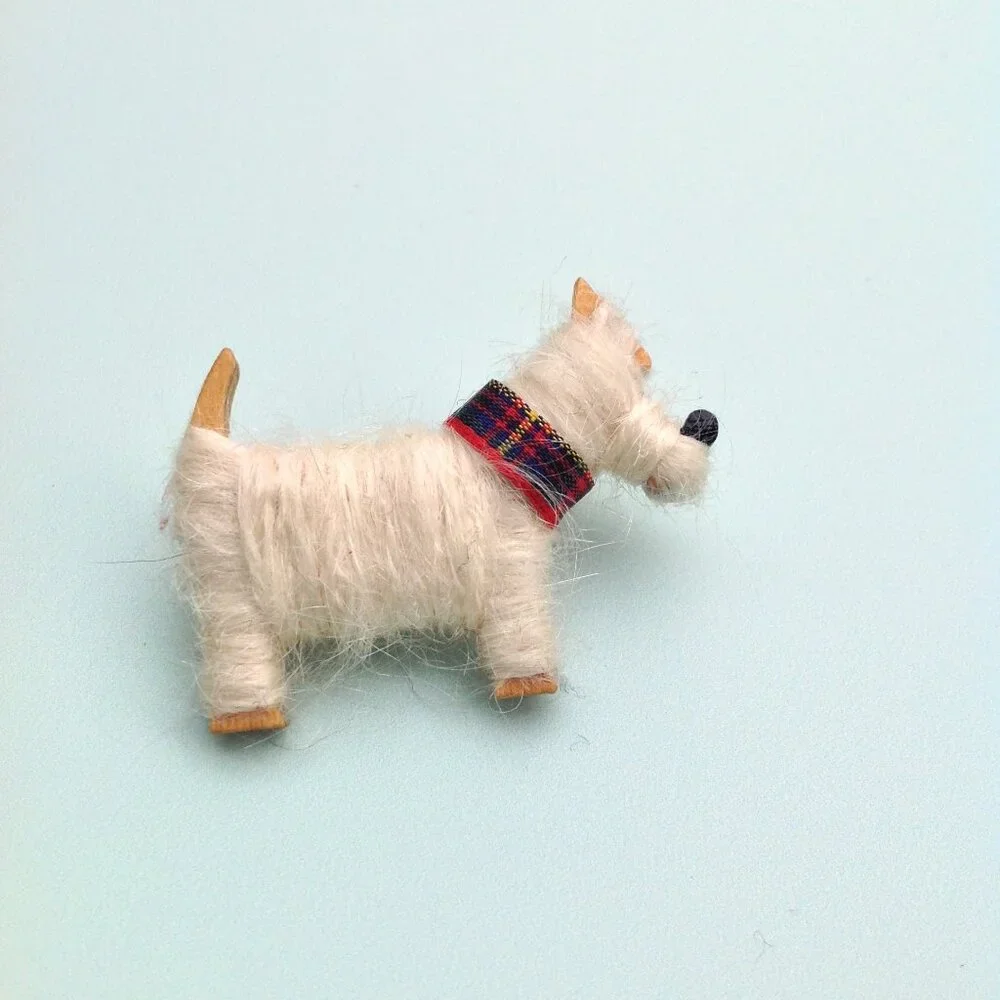 Artisan Brooch Scottish Shetland Wool, Tartan Plaid + Wood Scottie Terrier Dog